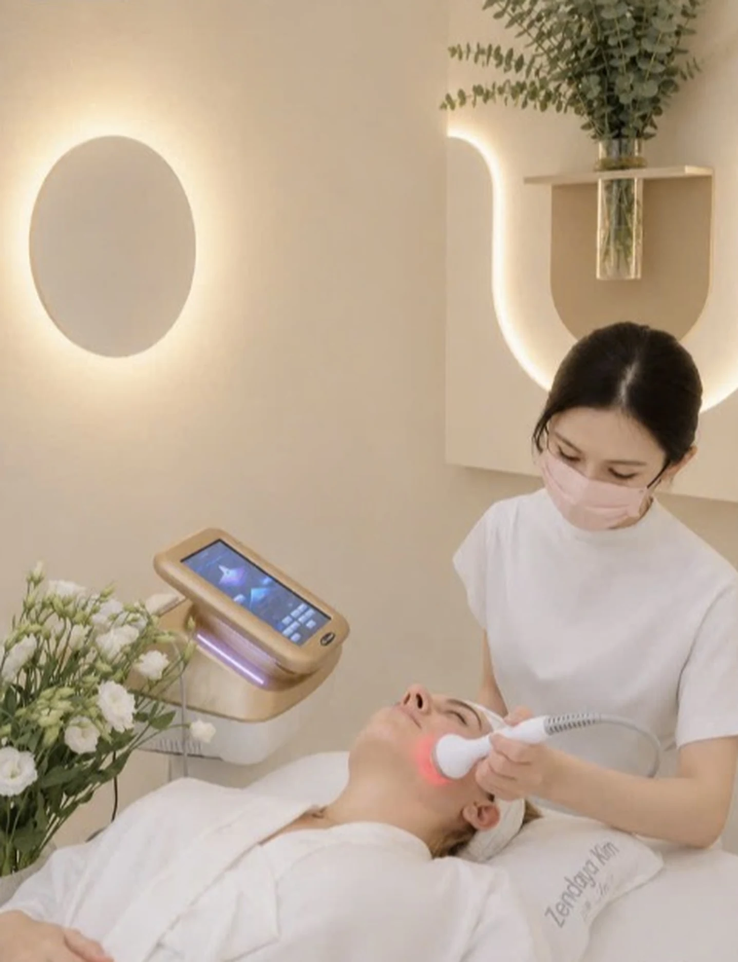 Kỹ thuật viên Zen Dayaa thực hiện liệu trình nâng cơ ánh sáng cho khách